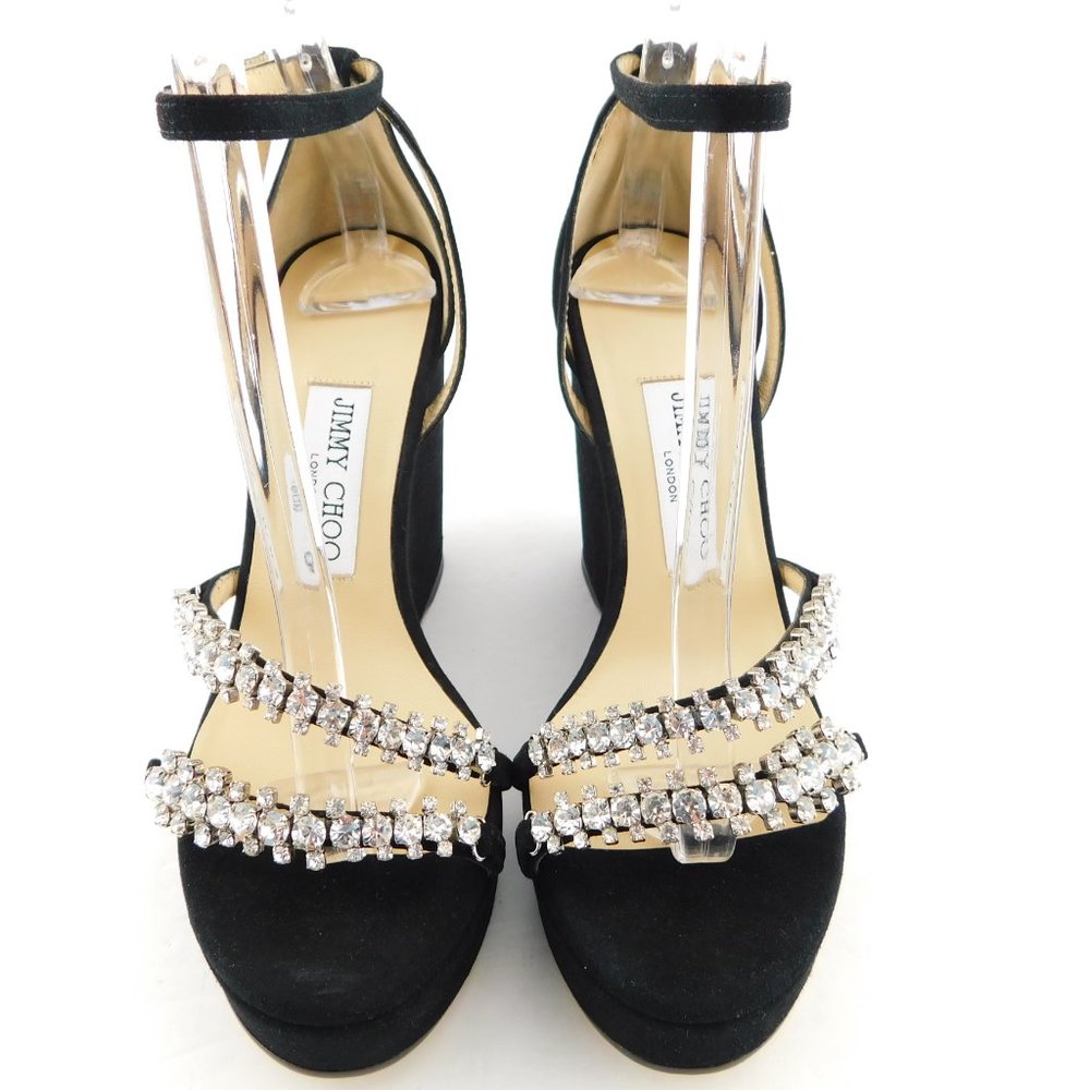 New JIMMY CHOO BING Black Suede Leather Crystal Strap Wedge Heel Sandals 37.5 - Picture 2 of 10